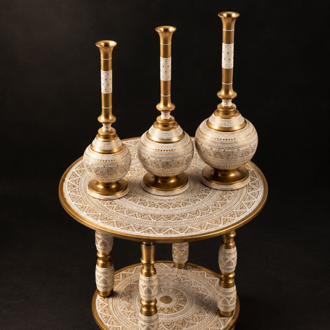 Premium Cream White & Gold Hand-Painted Naqashi 4-Piece Decor Set