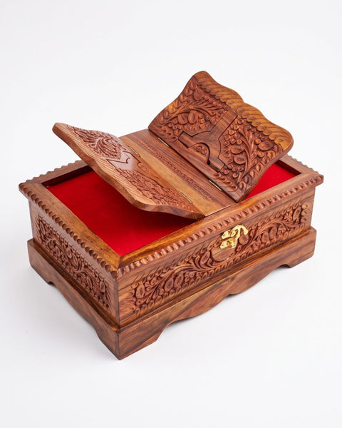 Premium Hand-Carved Wooden Quran Box with Built-in Rehal (Reading Stand)