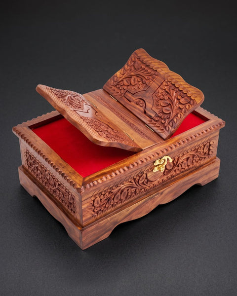 Premium Hand-Carved Wooden Quran Box with Built-in Rehal (Reading Stand)