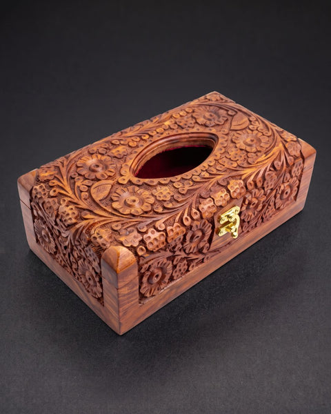 Premium Hand-Carved Wooden Tissue Box Cover with Floral Artistry