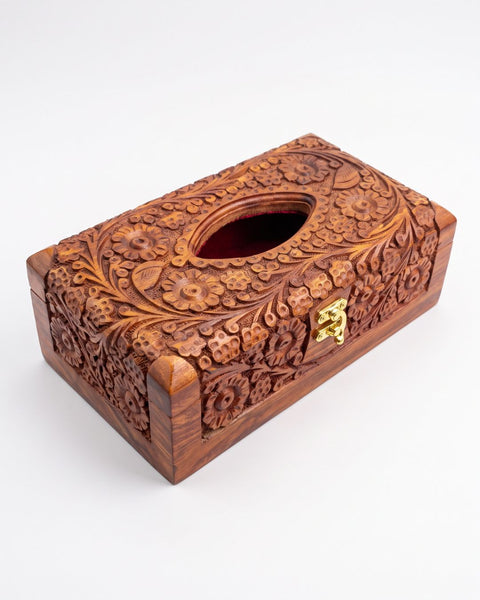 Premium Hand-Carved Wooden Tissue Box Cover with Floral Artistry