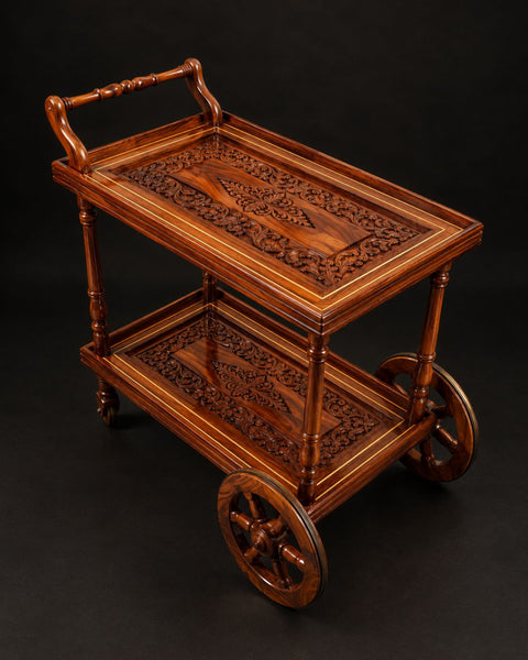 Premium Hand-Carved Wooden Two-Tier Tea & Serving Trolley