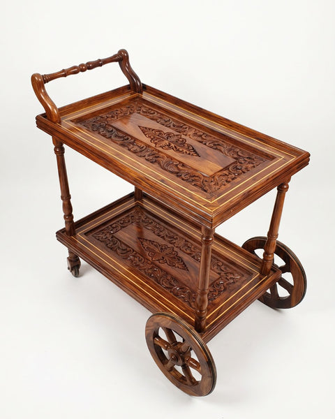 Premium Hand-Carved Wooden Two-Tier Tea & Serving Trolley