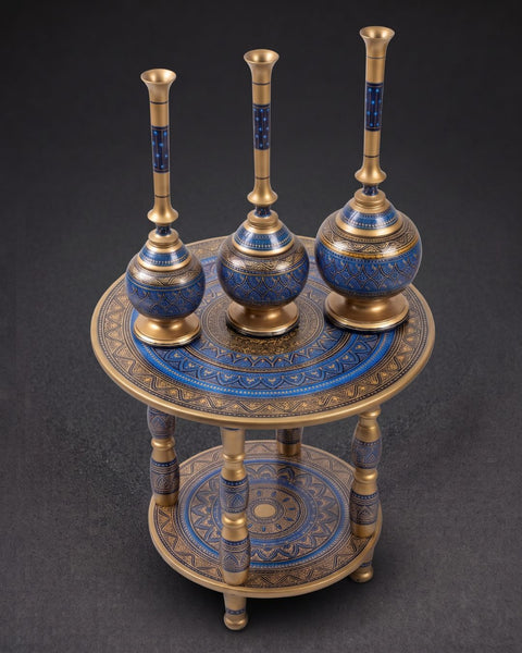 Royal Blue & Gold Hand-Painted Naqashi 4-Piece Decor Set (Table & 3 Vases)